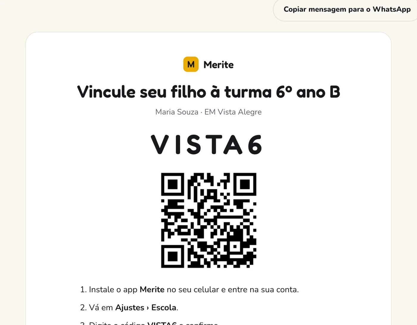 Cartaz para os pais com o código da turma, QR code e os passos para vincular o filho