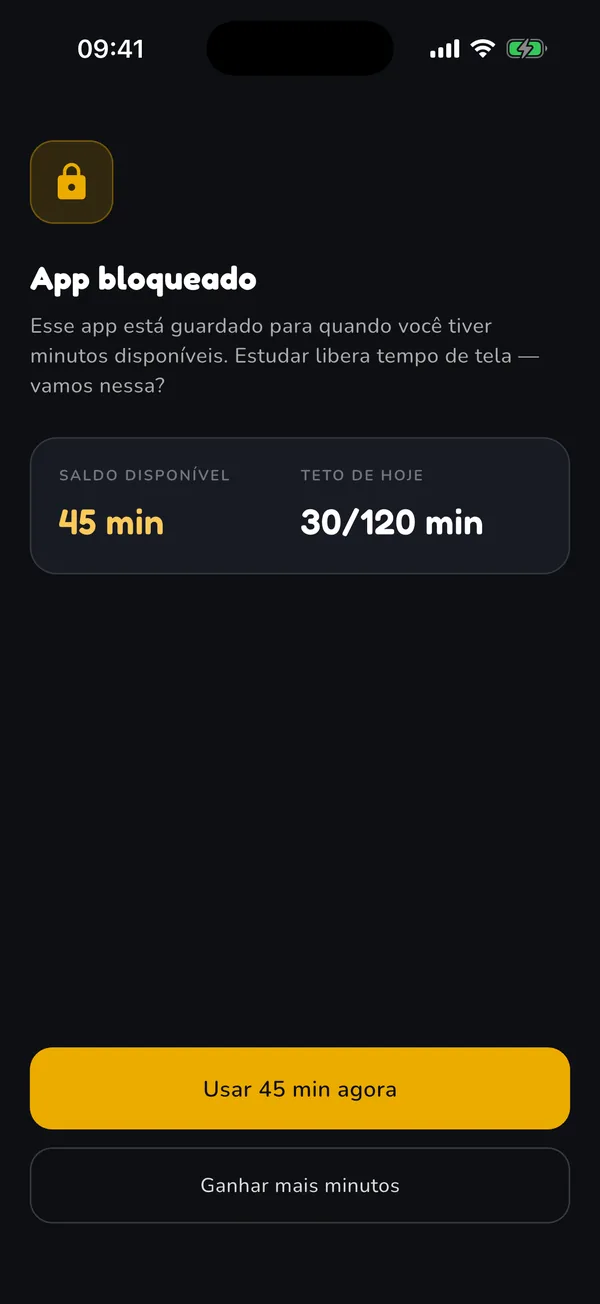 Tela de app bloqueado com o saldo de minutos disponível