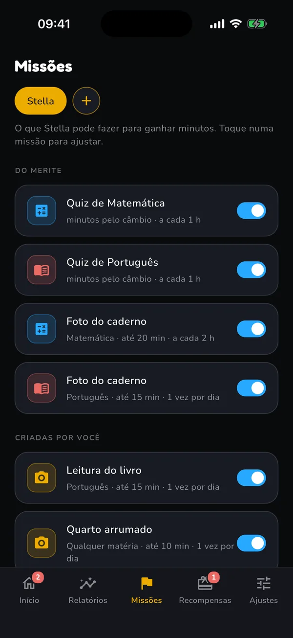 Tela de missões do responsável, com quiz e foto do caderno ligados