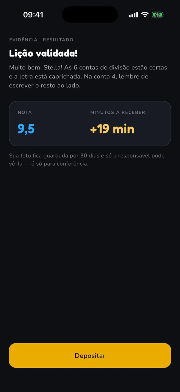 Lição validada com nota 9,5 e mais 19 minutos