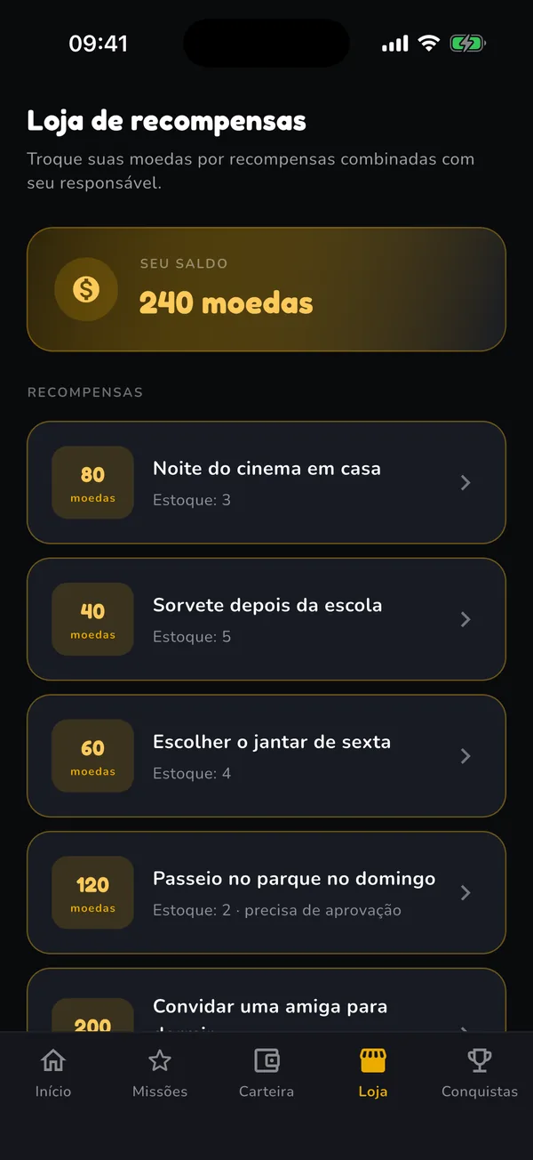 Loja de recompensas com saldo de 240 moedas
